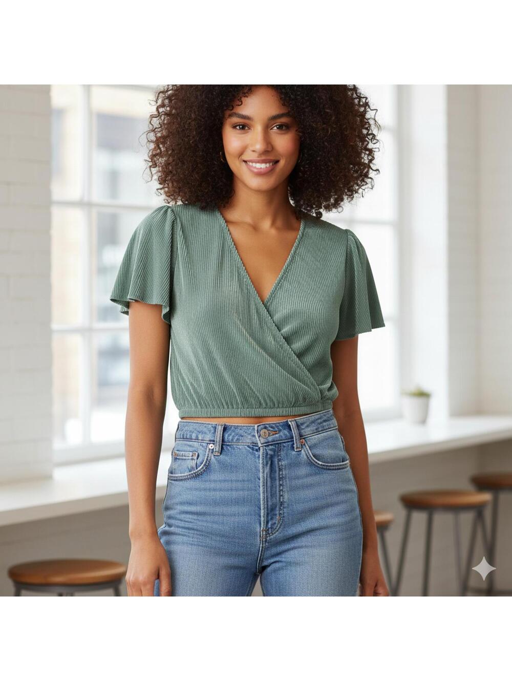 ASTR the Label - Sage Metallic Pleated Surplice Top - XS